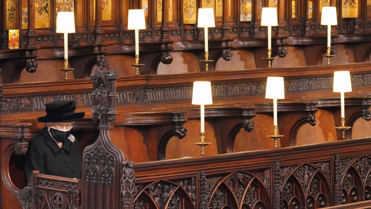 Queen Elizabeth sitting alone during the funeral of Prince Philip, Duke of Edinburgh in St George's Chapel at Windsor Castle on April 17, 2021. Picture: Jonathan Brady – WPA Pool/Getty Images.