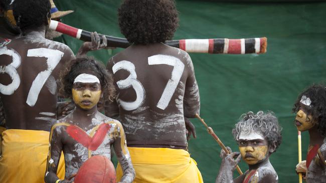 Gumatj children pay tribute to Adam Goodes at Garma. Picture: Melanie Dove