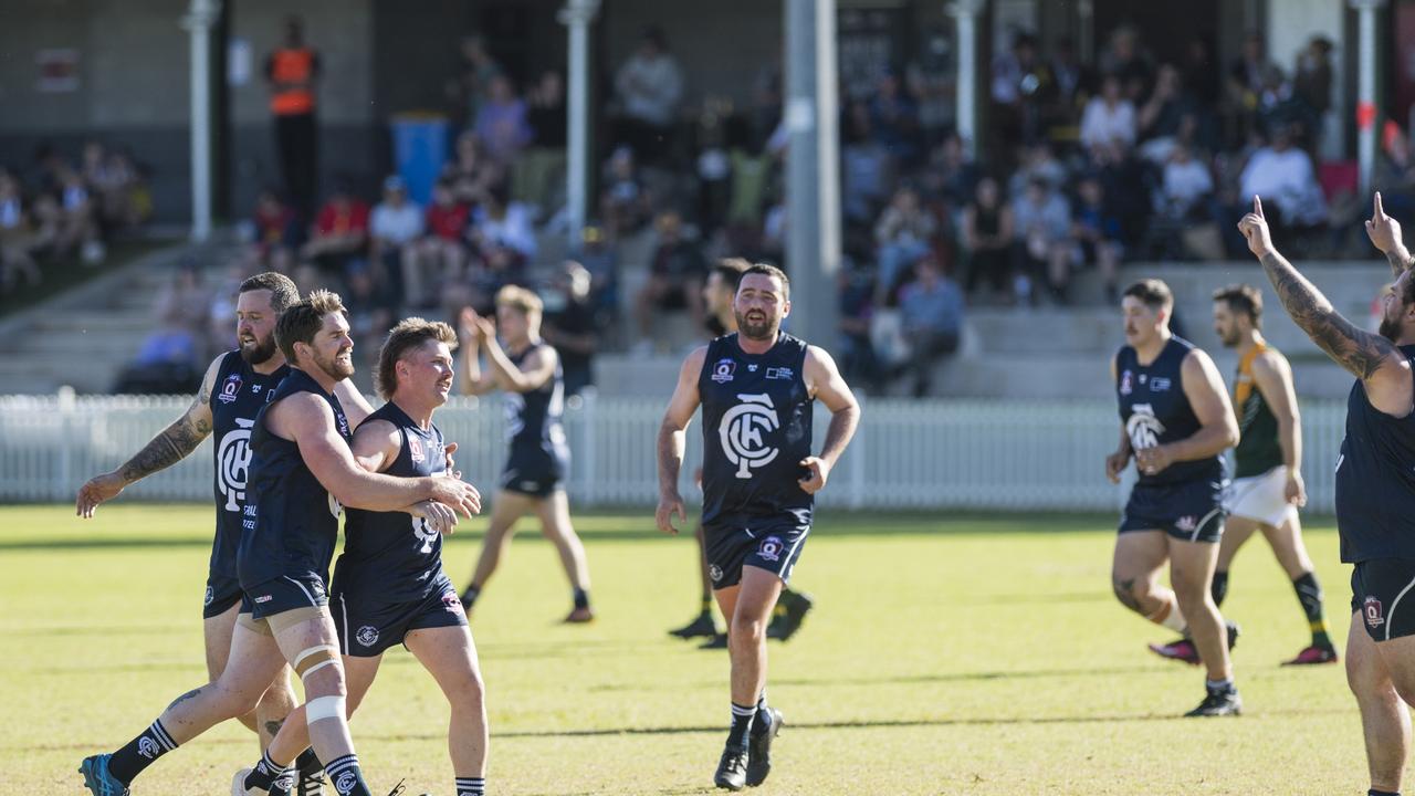 Coolaroo celebrate a goal by Jayden Smith against Goondiwindi Hawks in AFL Darling Downs Allied Cup senior men grand final at Rockville Park, Saturday, September 2, 2023. Picture: Kevin Farmer