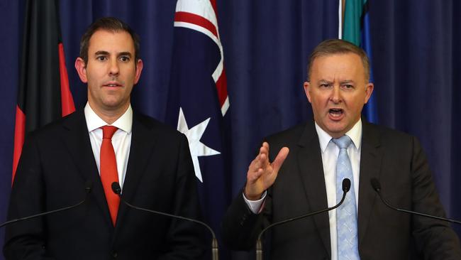 Shadow Treasurer Jim Chalmers and Opposition Leader Anthony Albanese holding a press conference, at Parliament House in Canberra. Picture: Kym Smith