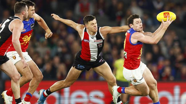 Marcus Windhager barely let star Lion Lachie Neale out of his sight last week. Picture: Getty Images