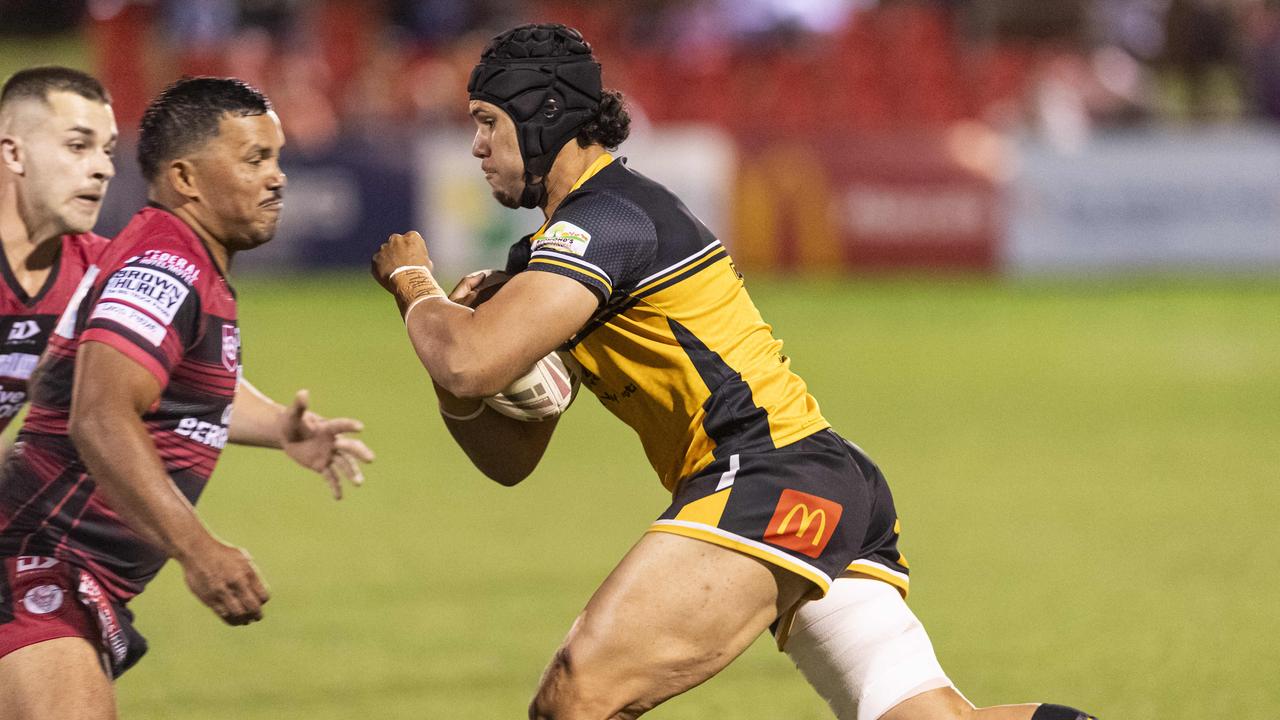 Leonard Thomas for Gatton runs at Corey McGrady of Valleys in TRL Hutchinson Builders A-grade grand final rugby league at Toowoomba Sports Ground, Saturday, September 14, 2024. Picture: Kevin Farmer