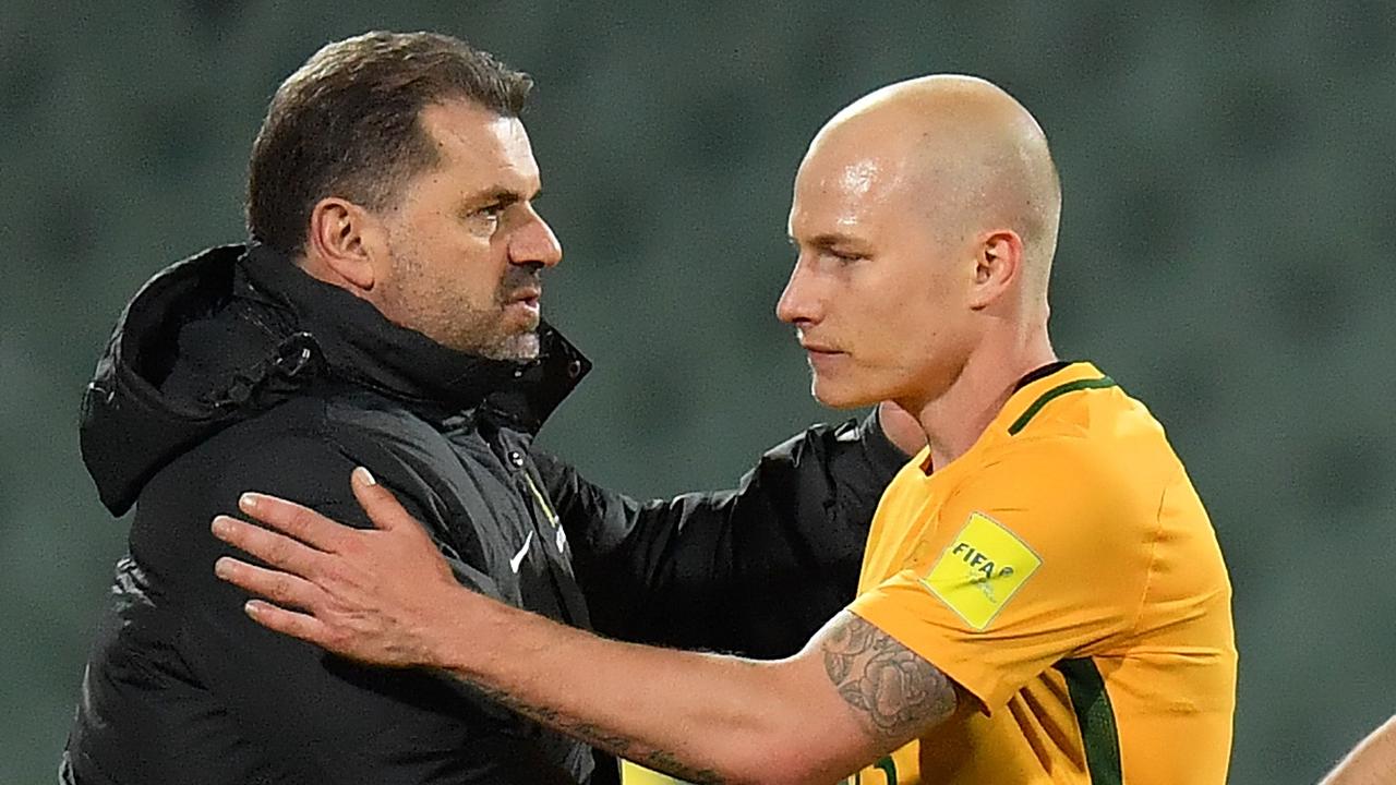 Ange Postecoglou and Aaron Mooy in 2018.