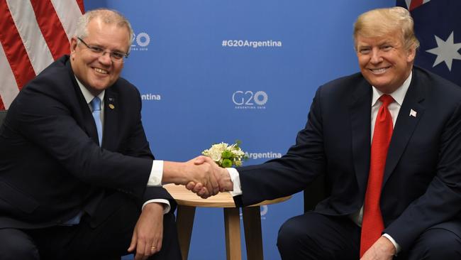 Scott Morrison and US President Donald Trump at last year’s G20 meeting in Buenos Aires. Picture: AFP