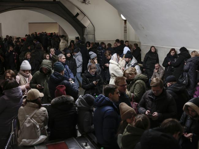 People shelter in the Metro as Russia launches another missile attack on Kyiv, Ukraine. Picture: Getty Images