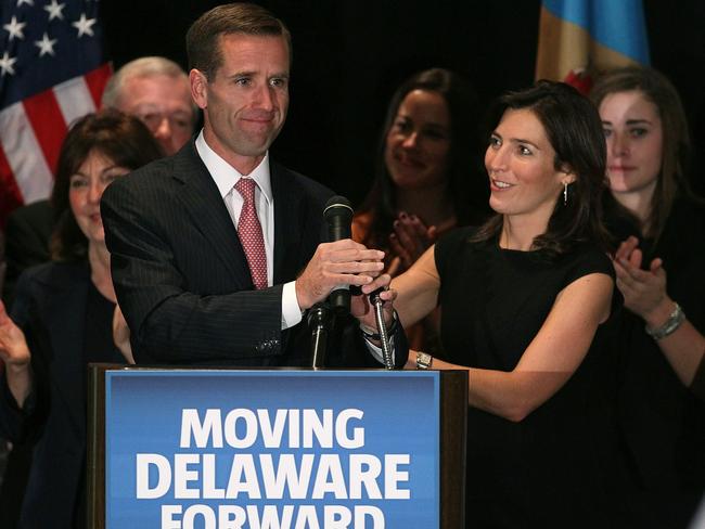 Beau Biden celebrates winning his re-election bid for Delaware Attorney General with his wife Hallie Biden on November 2, 2010. Picture: Mark Wilson