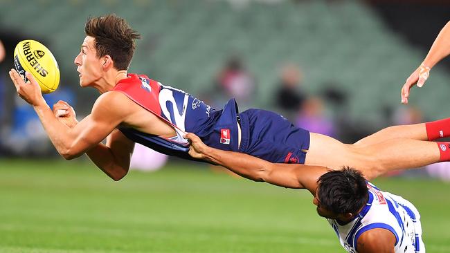 Sam Weideman wins a one-on-one contest for the Demons. Picture: Getty Images