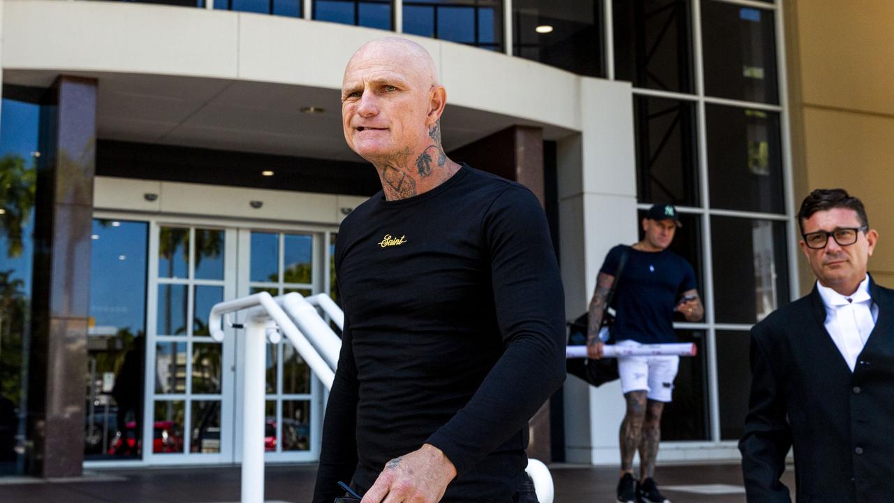 Mongols national president Nick 'The Knife' Forbes walks with his defence barrister Michael Gatenby outside of the Supreme Court of the Northern Territory. Picture: Floss Adams.