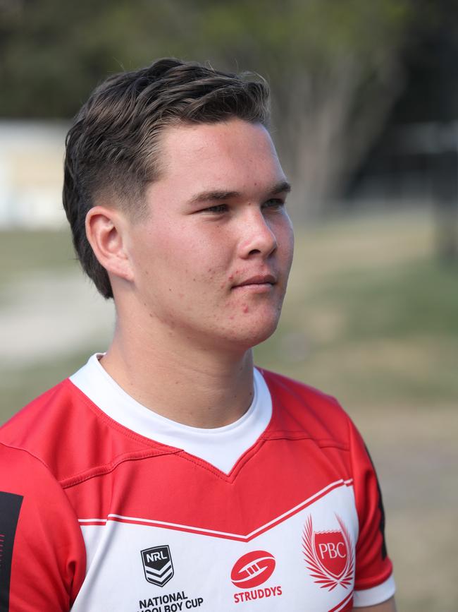 The Harrison twins who play halfback and lock for PBC SHS in the Langer Trophy grand final at training at Palm Beach Currumbin High School. Zane Harrison 17. Picture Glenn Hampson