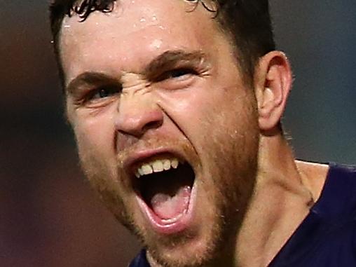 PERTH, AUSTRALIA - AUGUST 05: Hayden Ballantyne of the Dockers celebrates a goal during the round 20 AFL match between the Fremantle Dockers and the Gold Coast Suns at Domain Stadium on August 5, 2017 in Perth, Australia.  (Photo by Paul Kane/Getty Images)