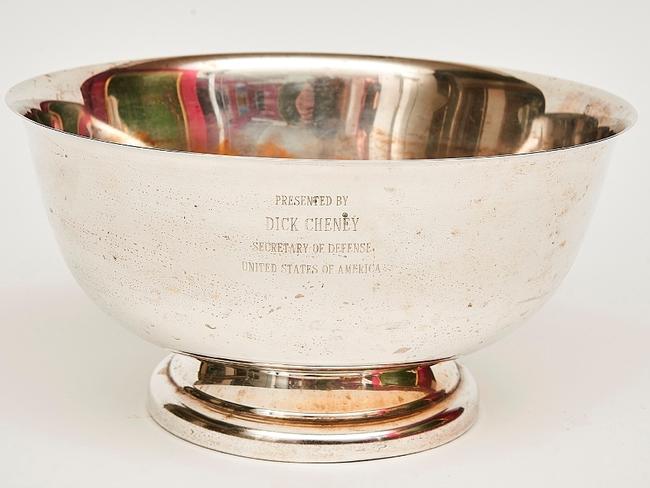 Auction of Bob Hawke & Blanche d'Alpuget Mementos Curiosities Art and Design: Silver Plated Footed Bowl Presented to Bob Hawke at the end of the Gulf War, 1991, inscribed ‘Presented by Dick Cheney Secretary of Defence, United States of America’. Picture: Supplied