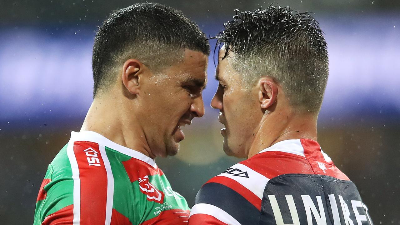 Cody Walker and Cooper Cronk face off in a fiery finish in the Rabbitohs’ win over Roosters.