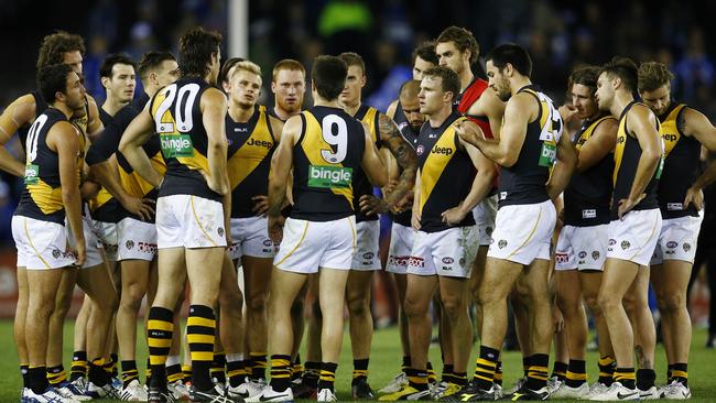 AFL Round 12 North Melbourne v Richmond at Etihad Stadium. Richmond skipper Trent Cotchin addresses his team on Etihad Stadium after tonights loss . Pic: Michael Klein. Sunday June 8, 2014.