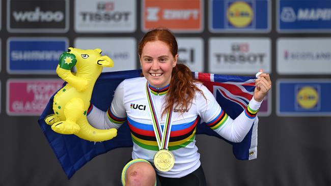 STIRLING, SCOTLAND – AUGUST 10: Gold medallist Felicity Wilson-Haffenden of Australia celebrates winning during the medal ceremony after the Women Junior Individual Time Trial a 13.4km race from Stirling to Stirling at the 96th UCI Cycling World Championships Glasgow 2023, Day 8 / #UCIWT / on August 10, 2023 in Stirling, Scotland. (Photo by Dario Belingheri/Getty Images)