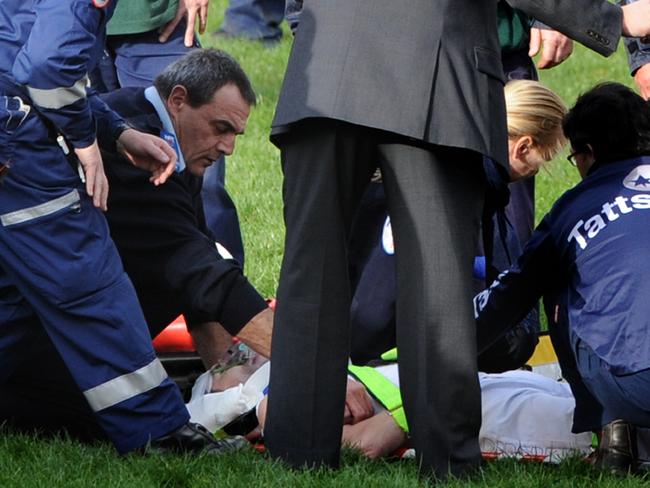 Moonee Valley races. Race 5. Fall in the Essendon Nissan McKenzie Stakes. Medical and track staff attend to two jockeys after they fell from their mounts at the 400m. Danny Brereton (at the back) was on Marquee Player and Nick Hall (front) was on Hollowlea.