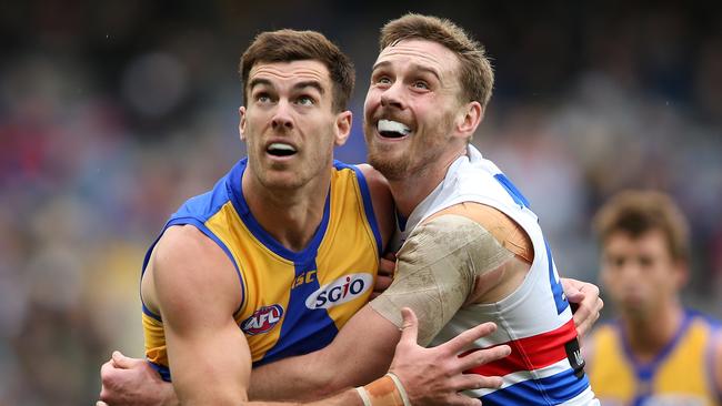 Jordan Roughead, right, duels with incoming Port Adelaide ruckman and Eagles premiership star Scott Lycett earlier this season. Picture: Paul Kane/Getty Images