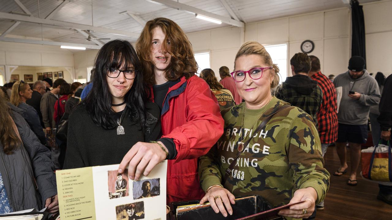 At the Toowoomba and Darling Downs Record Fair are (from left) Jasmine Gordon, Elijah Thomas and Nicky Hansen at the Drayton Memorial Hall, Saturday, May 31, 2025. Picture: Kevin Farmer
