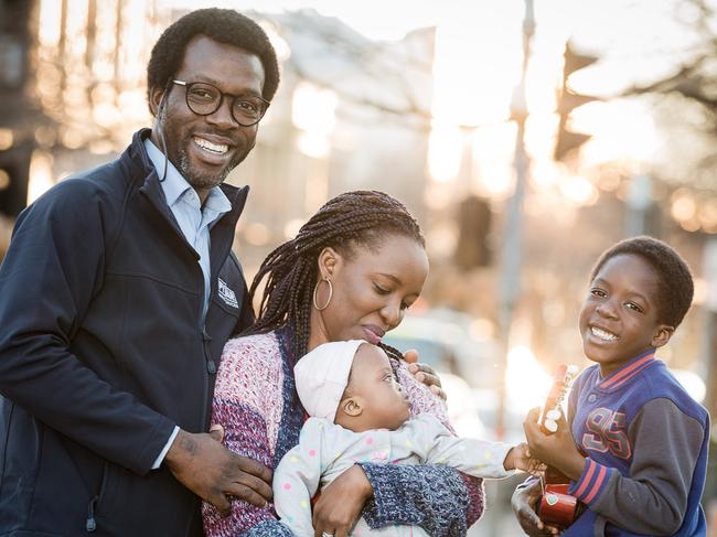 28/08/2018 Ola Tawose and his 5 year old son Midola, wife Shola, and baby Hazel, enjoying time in Robinson Park in Orange, 254km west of Sydney. Maddie Schumann/The Australian