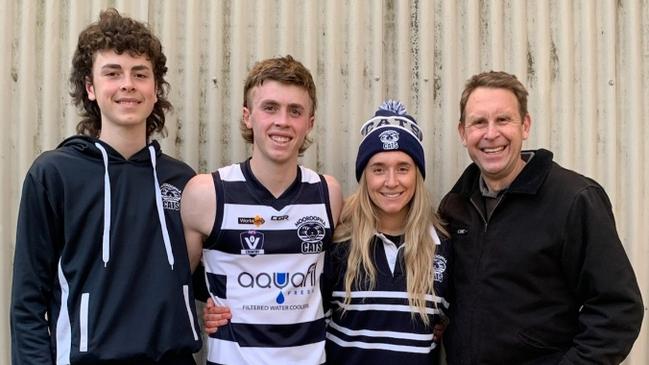 Former Geelong player Paul Brown (R) and children (L-R) Harry, Tom and Meg. Picture: Supplied