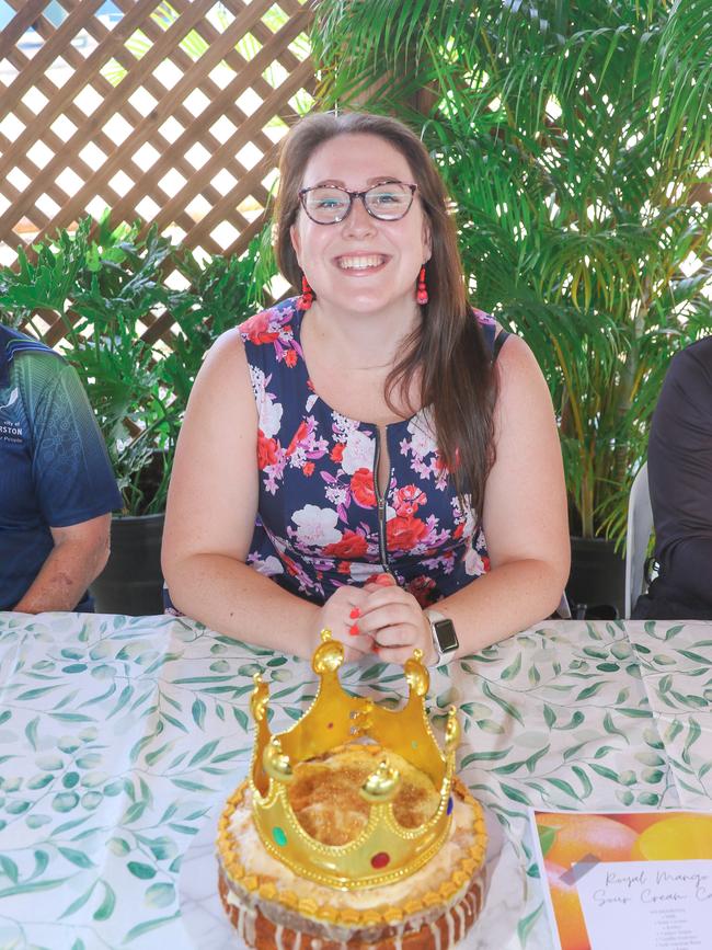 NT News head of print Phillippa Butt with her winning mango sour cream cake in the celebrity bake off on day two of the Royal Darwin Show. Picture: Glenn Campbell