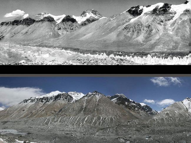 A combo photo one taken in 1968 (top) and the other in 2007, show the retreating Rongbuk Glacier of Mount Everest on the Tibetan plateau. China's rugged Tibet plateau, seen as a sensitive barometer of world climate conditions, is experiencing accelerating glacial melt and other ecological change, as the mountainous region's glaciers have been melting at an average rate of 131.4 square kilometres (50 square miles) per year over the past 30 years. AFP PHOTO/GREENPEACE/HO RESTRICTED TO EDITORIAL USE NO ARCHIVES NO SALES