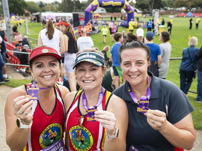 Showing their 10km finishers medal are (from left) Danielle Cory, Bec O'Grady and Jess Smith at the Toowoomba Marathon event, Sunday, May 5, 2024. Picture: Kevin Farmer