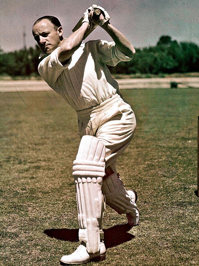 Legendary batsman Sir Donald Bradman in 1946 playing one of his trademark flowing drives.