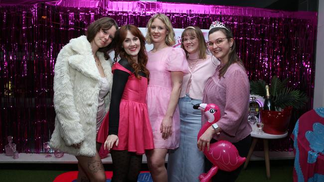 Workmates Hira Meyer, Victoria Abbott, Phoebe Bormicle, Aoibha Doyle and Daniela Grechova at Barbie at Palace Verona in Paddington, Sydney. Picture: Britta Campion