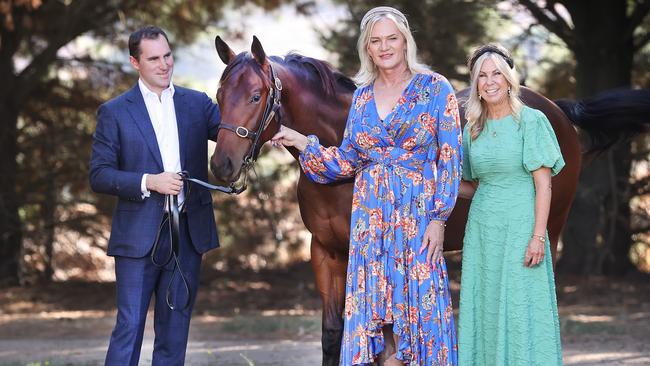 Project Pride filly Areyoureadyforit with owner ambassadors Danielle Laidley and Donna Leckie and trainer Archie Alexander. Picture: David Caird