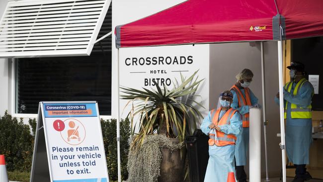 Carpark testing continues for COVID-19 at the Crossroads Hotel in Casula. Picture: Dylan Robinson