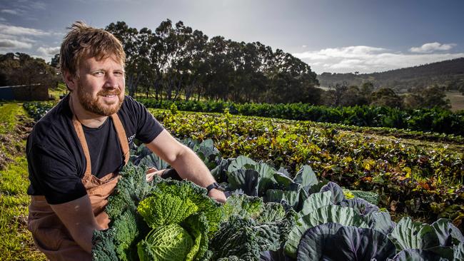 Lot 100 head chef Shannon Fleming at the cabbage patch at Ngeringa, where they source produce. Picture: Tom Huntley