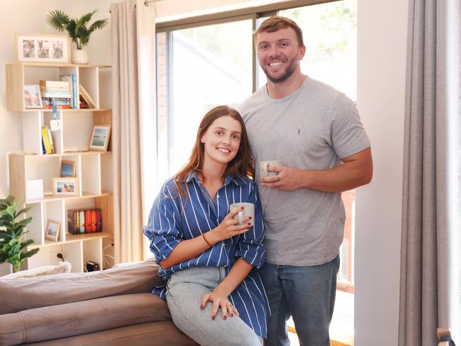 The Daily Telegraph 28.2.2025 FiancÅ½ Alanna De Bris and Dylan Hanney in their Bondi rental. Choosing mortgages over marriage due to the huge cost of weddings and the need for hefty deposits to get into the property market.  Picture: Rohan Kelly