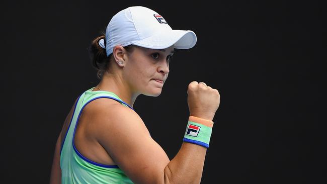 Australia's Ashleigh Barty reacts after a point against Kazakhstan's Elena Rybakina during their women's singles match on day five of the Australian Open tennis tournament in Melbourne on January 24, 2020. (Photo by William WEST / AFP) / IMAGE RESTRICTED TO EDITORIAL USE - STRICTLY NO COMMERCIAL USE