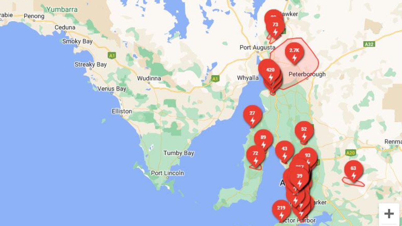 Thousands of homes are blacked out across SA, as this screen capture from SA Power Networks.