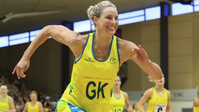 Laura Geitz was up and about in the Diamonds last warmup game before the Commonwealth Games at Sunshine Coast Stadium. Photo Lachie Millard