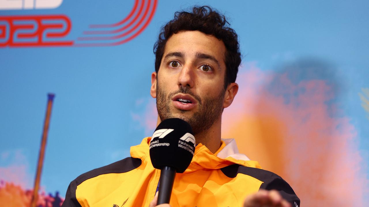 SPIELBERG, AUSTRIA - JULY 07: Daniel Ricciardo of Australia and McLaren talks in the Drivers Press Conference during previews ahead of the F1 Grand Prix of Austria at Red Bull Ring on July 07, 2022 in Spielberg, Austria. (Photo by Clive Rose/Getty Images)