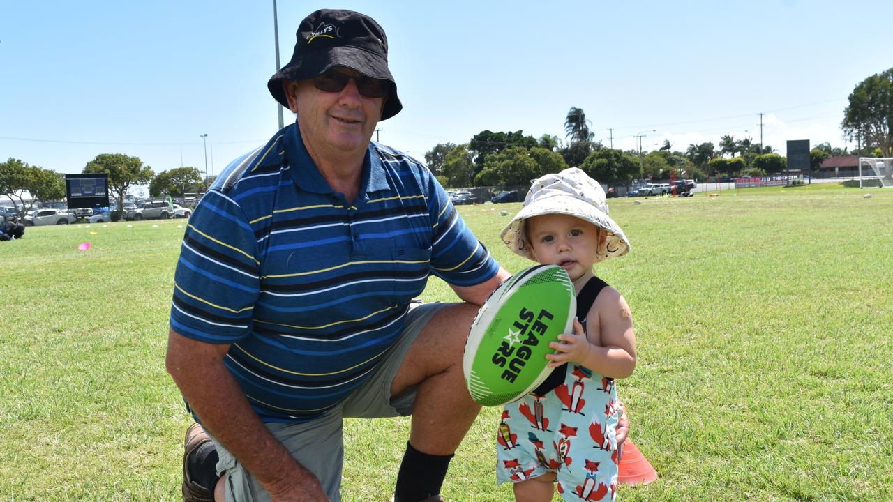 Tony Coz and Kobi Crig at the Play Something Unreal rugby league clinic in Kawana. Picture: Sam Turner