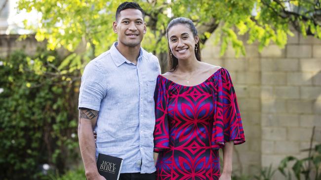 Israel Folau with his wife Maria Folau at Kenthurst Uniting Church after a Sunday service. Picture: Hollie Adams