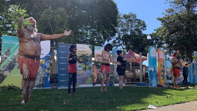 Gubbi Gubbi Dance members (from left) Robbie Peters, Ayla Carrington-Sanson, 11, Jahmarly Davis, 13, Yeelara Chilly and Lyndon Davis perform at a NAIDOC Week ceremony in Nambour. Picture: Stuart Cumming