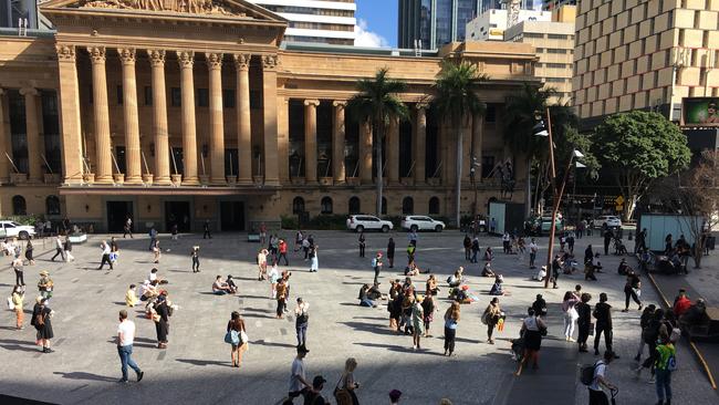 Protesters gather at Brisbane City Hall on Wednesday. Picture: Attila Csaczar