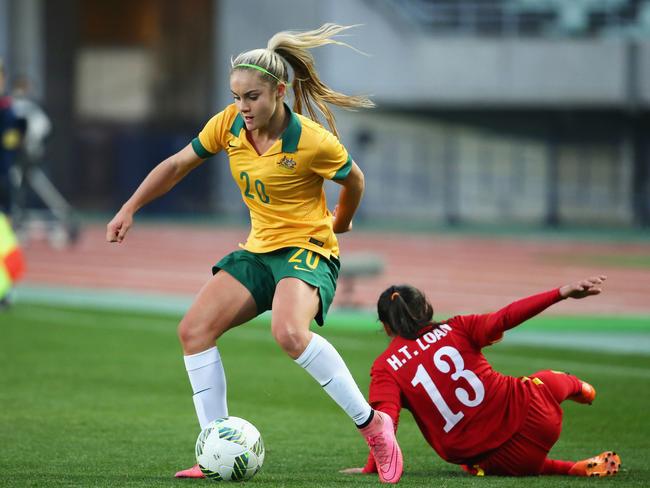 Ellie Carpenter’s had a good Matildas debut in last Wednesday’s 9-0 win against Vietnam. Picture: Koji Watanabe/Getty Images