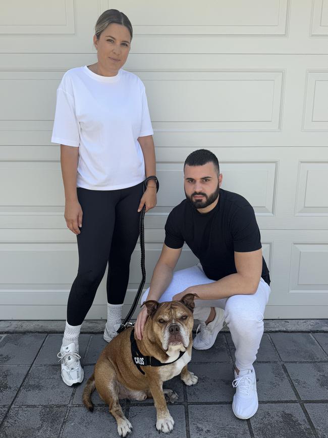 Dog Friendly Co co-founders and siblings Sandra Abade and Luka Maric with Sandra’s beloved bulldog Carlos. Picture: Supplied