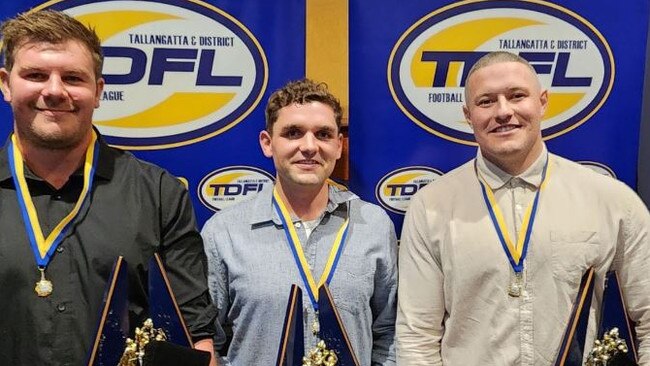 Yackandandah's Zack Leitch, Beechworth's Cam Fendyk and Barnawartha's Jarrad Farwell have tied for the Barton Medal. Picture: Tallangatta District league Facebook.