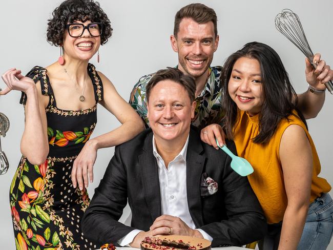 ** HOLD FOR SUNDAY 12TH, 2023 ** For Great Australian Bake Off finale on Foxtel/Binge. Judge Darren Purchese. Is joined by contestants Ilona Nicola, Adam Miller and Laura Foo. Picture: Jake Nowakowski