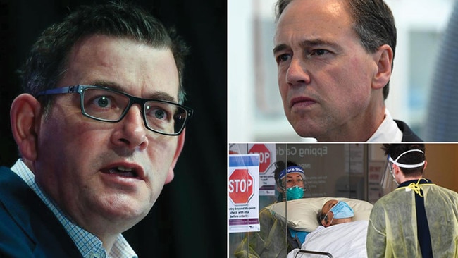 Ambulance officers transfer a resident from the Epping Gardens aged care facility in the Melbourne suburb of Epping today, bottom right, as aged care fears hit home for Premier Daniel Andrews, left, and Federal Health Minister Greg Hunt sens in health SWAT teams. Pictures: AFP/NCA NewsWire/AFP