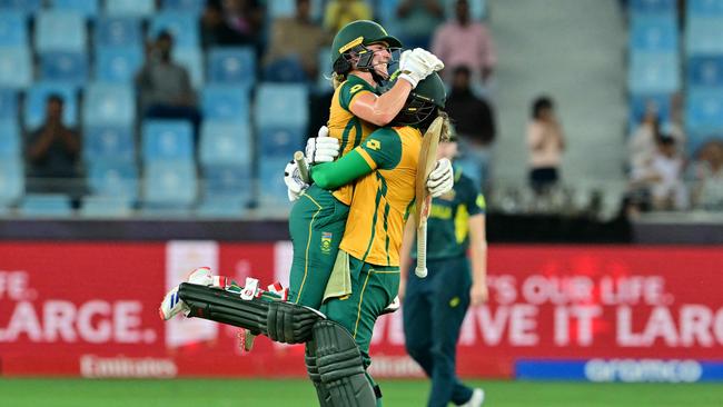 South Africa's Anneke Bosch, left, and Chloe Tryon celebrate their win. Picture: AFP