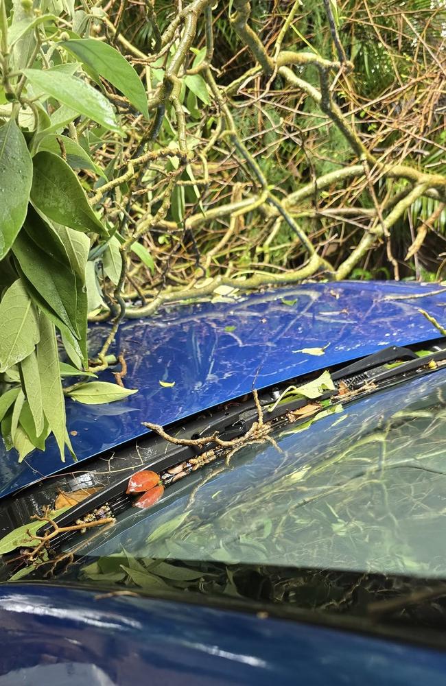 Courtney Zomer's car sustained some damage in Shailer Park in Logan from Cyclone Alfred. Picture: Courtney Zomer