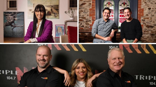 Adelaide radio stars Ali Clarke (top left), David Penberthy and Will Goodings (top right), and Mark ­Ricciuto, Chris Dittmar and Laura O’Callaghan.