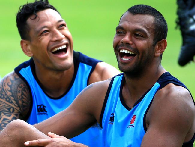 Israel Folau and Kurtley Beale during training today with the Waratahs at Moore Park after Kurtley signed a deal with London Wasps. Picture: Adam Taylor