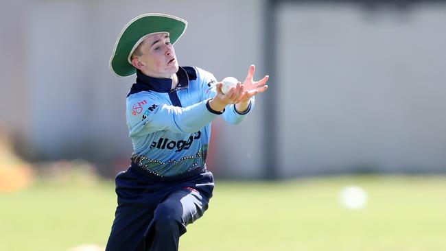 Newcastles Max Gallagher takes a catch.Hamwicks v Newcastle in SG Moore Cup cricket at Kahibah Oval Sunday 13th October 2024.pic Sue Graham.